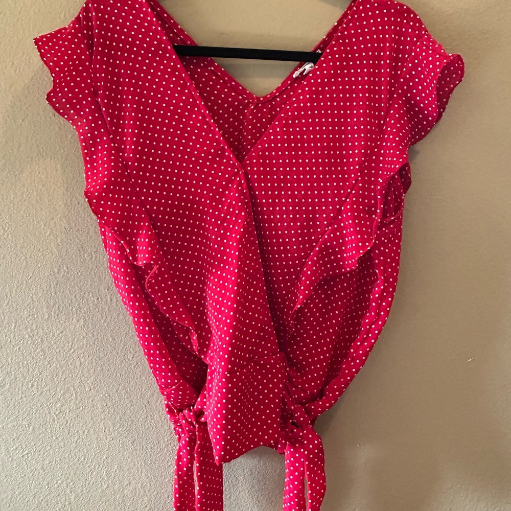 Maurices Red and White Flutter Sleeve Wrap Blouse